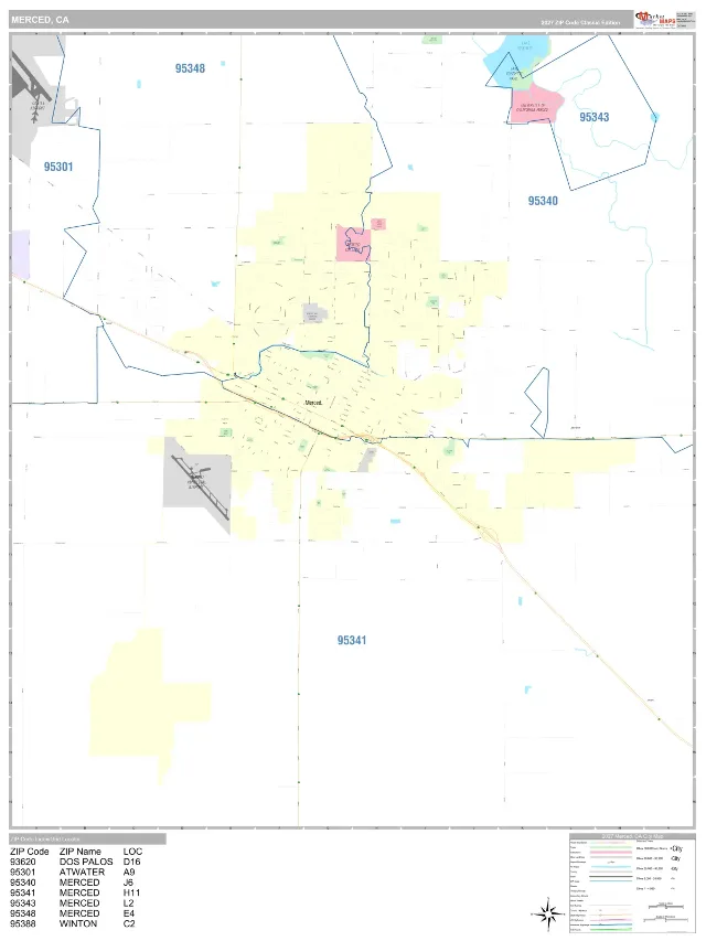 Merced, CA ZIP Code Wall Map, Classic style