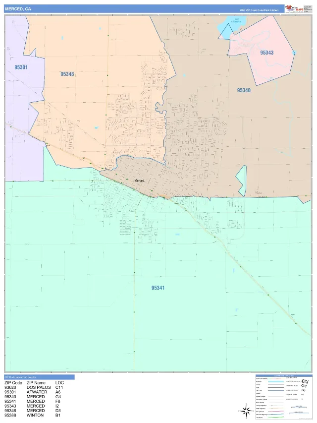 Merced, CA ZIP Code Wall Map, ColorCast style