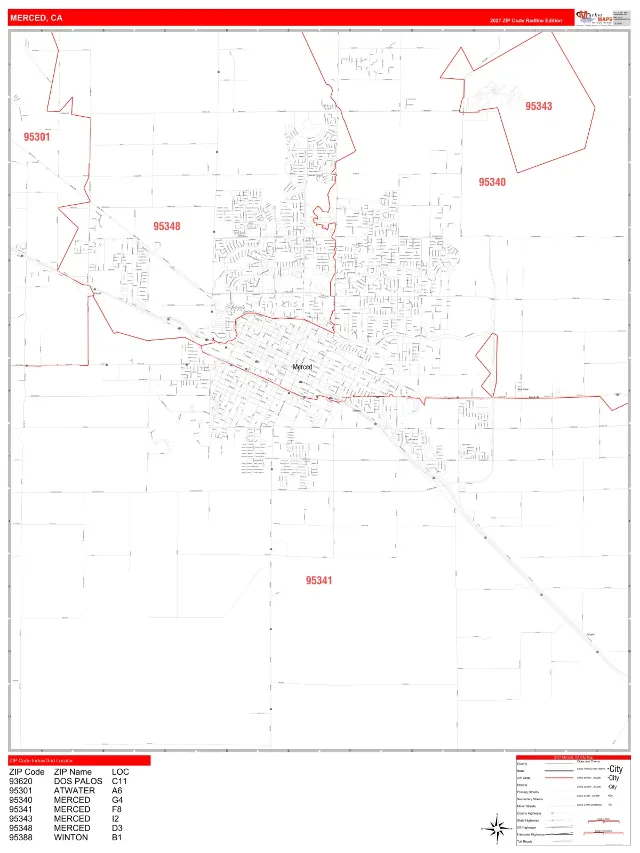 Merced, CA ZIP Code Wall Map, RedLine style