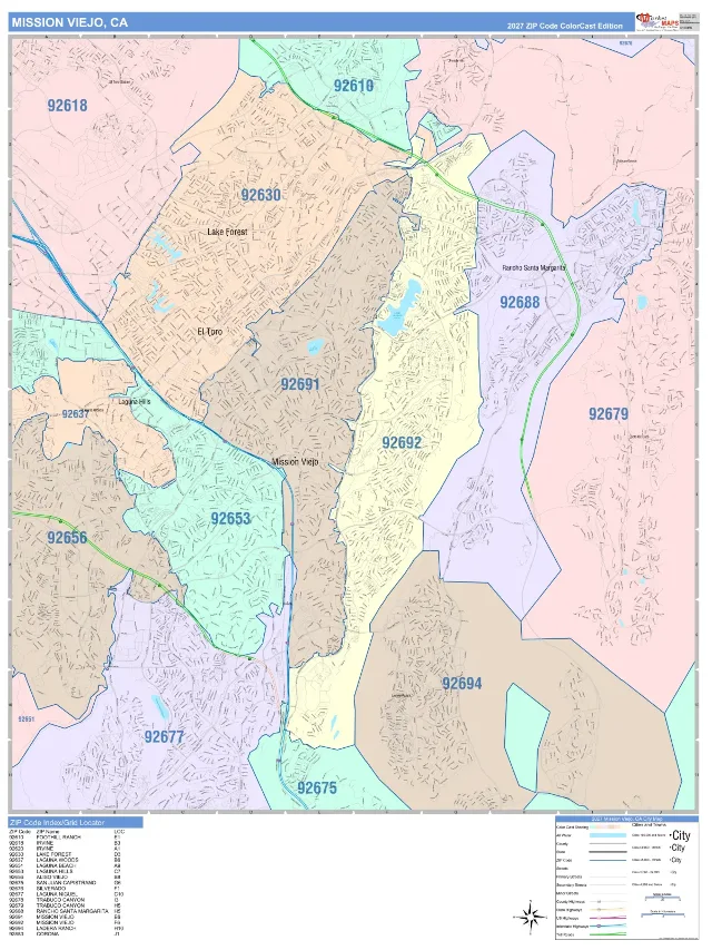 Mission Viejo, CA ZIP Code Wall Map, ColorCast style