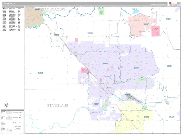 Modesto, CA ZIP Code Wall Map, Classic style