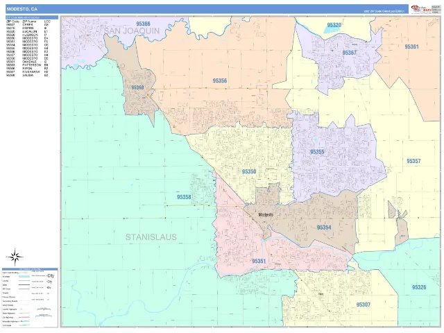 Modesto, CA ZIP Code Wall Map, ColorCast style