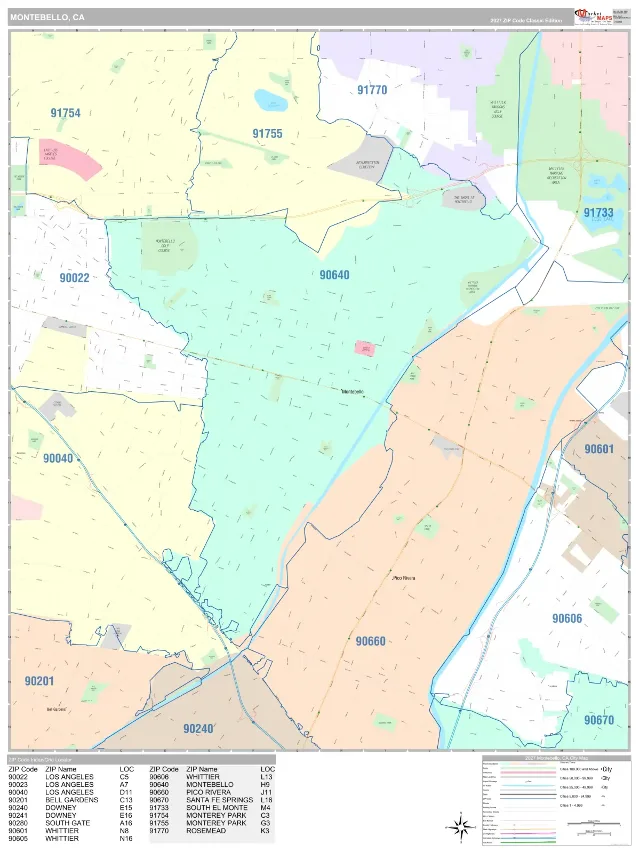 Montebello, CA ZIP Code Wall Map, Classic style