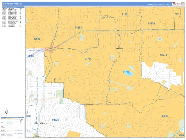 Monterey Park, CA ZIP Code Wall Map, Business Reference style