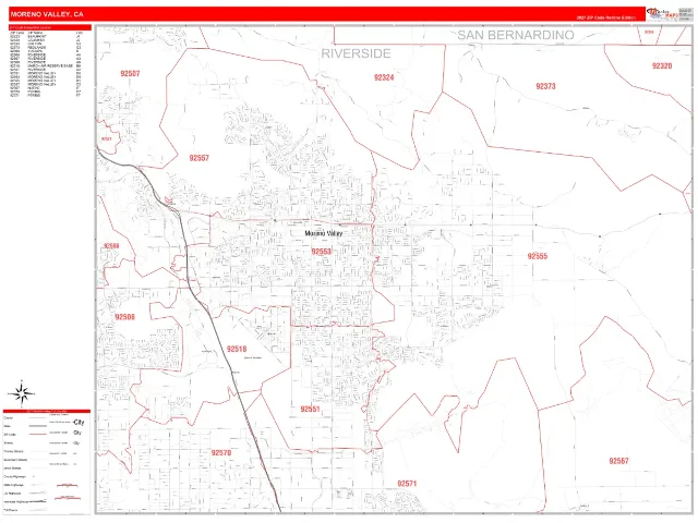 Moreno Valley, CA ZIP Code Wall Map, RedLine style