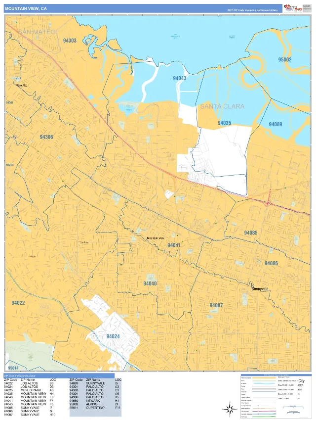 Mountain View, CA ZIP Code Wall Map, Business Reference style