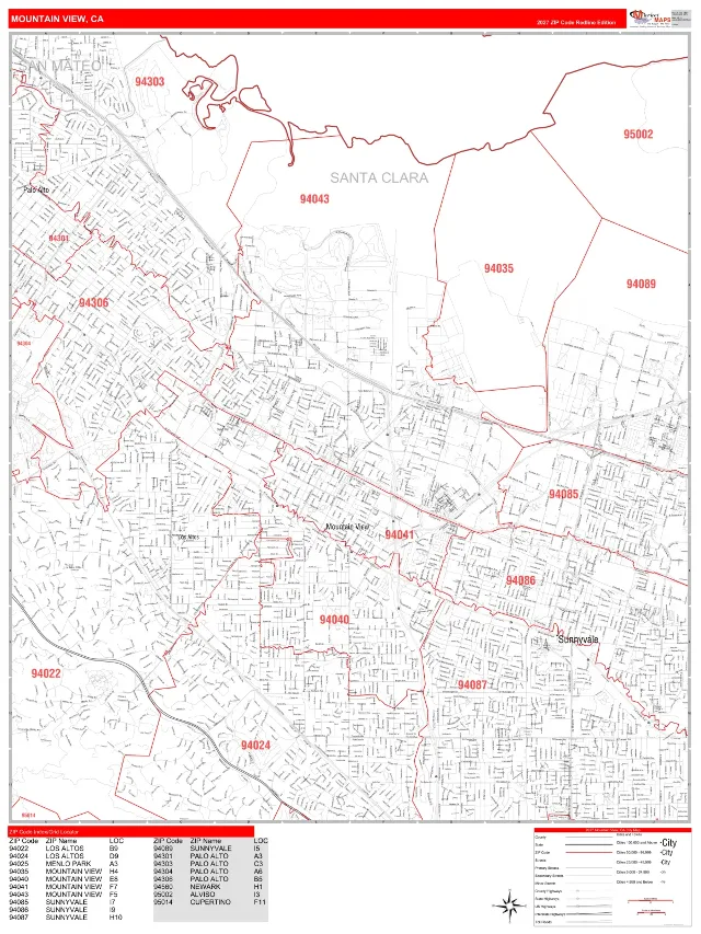 Mountain View, CA ZIP Code Wall Map, RedLine style