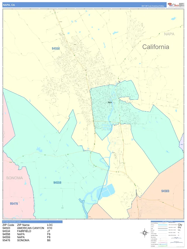 Napa, CA ZIP Code Wall Map, ColorCast style