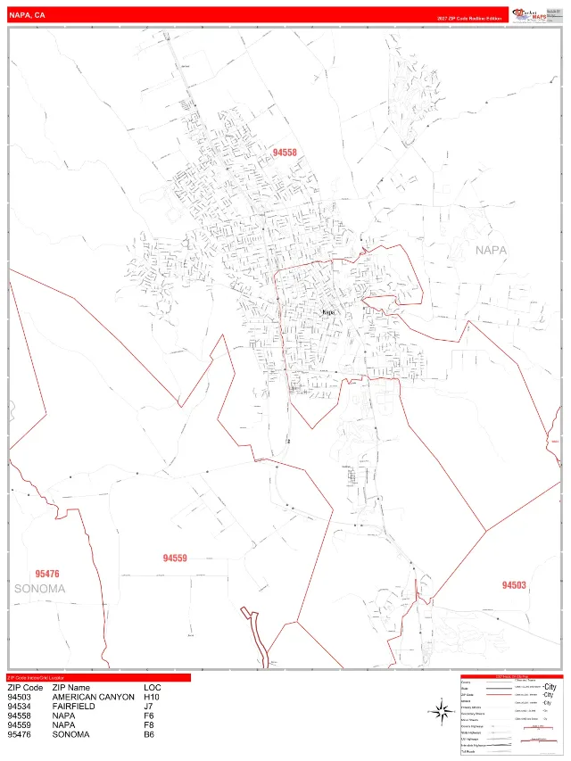 Napa, CA ZIP Code Wall Map, RedLine style