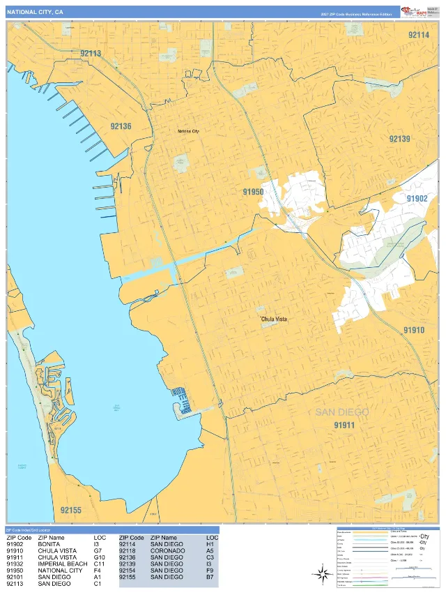 National City, CA ZIP Code Wall Map, Business Reference style