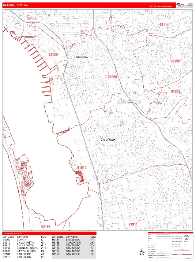 National City, CA ZIP Code Wall Map, RedLine style