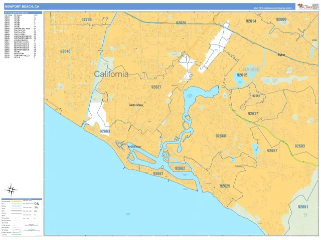 Newport Beach, CA ZIP Code Wall Map, Business Reference style