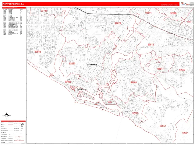 Newport Beach, CA ZIP Code Wall Map, RedLine style