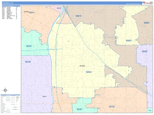 Norwalk, CA ZIP Code Wall Map, ColorCast style