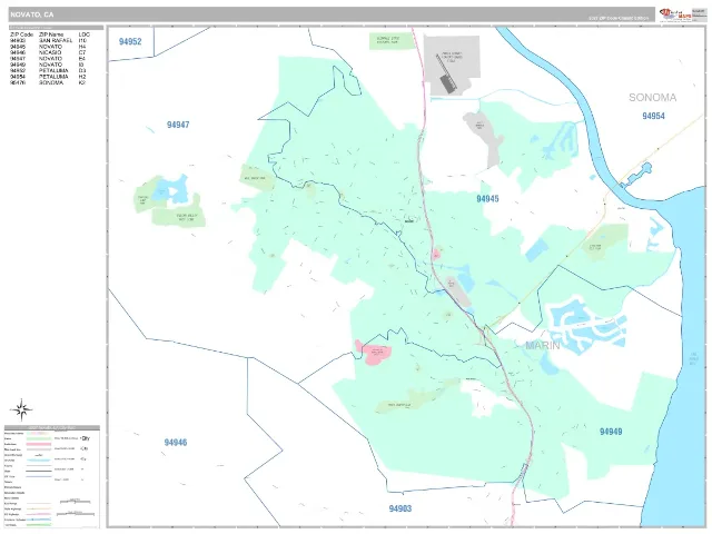 Novato, CA ZIP Code Wall Map, Classic style