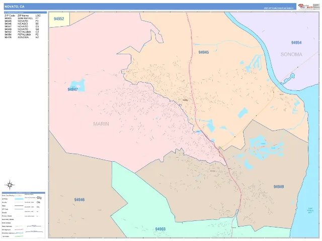 Novato, CA ZIP Code Wall Map, ColorCast style