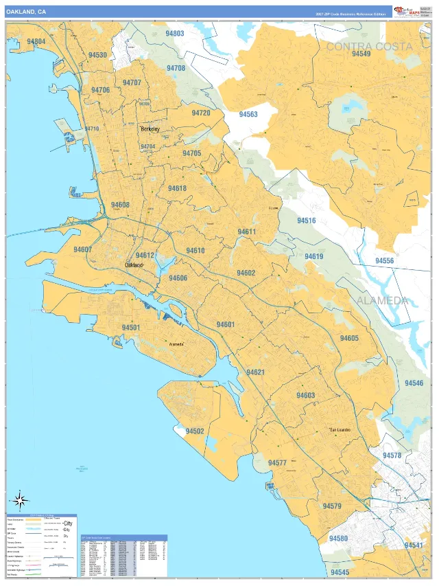Oakland, CA ZIP Code Wall Map, Business Reference style