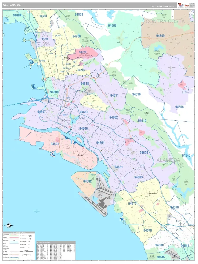 Oakland, CA ZIP Code Wall Map, Classic style