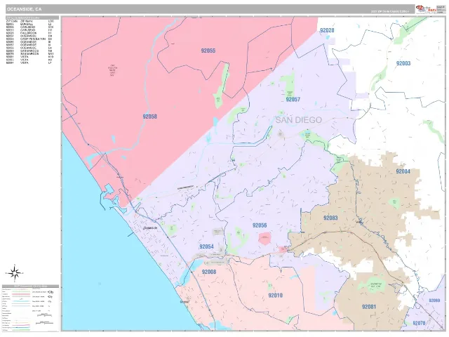 Oceanside, CA ZIP Code Wall Map, Classic style