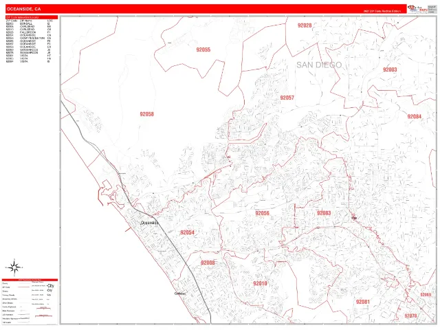 Oceanside, CA ZIP Code Wall Map, RedLine style