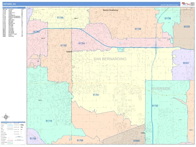 Ontario, CA ZIP Code Wall Map, ColorCast style