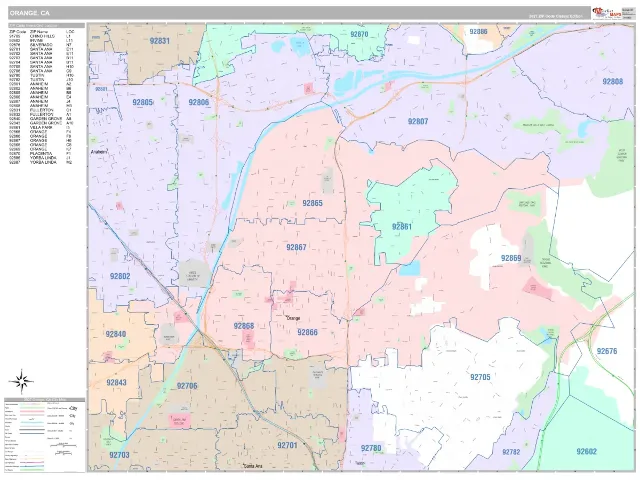 Orange, CA ZIP Code Wall Map, Classic style