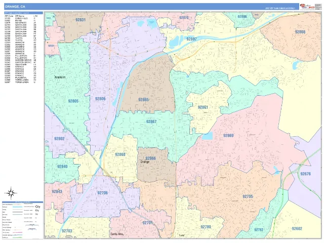 Orange, CA ZIP Code Wall Map, ColorCast style