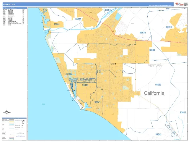 Oxnard, CA ZIP Code Wall Map, Business Reference style
