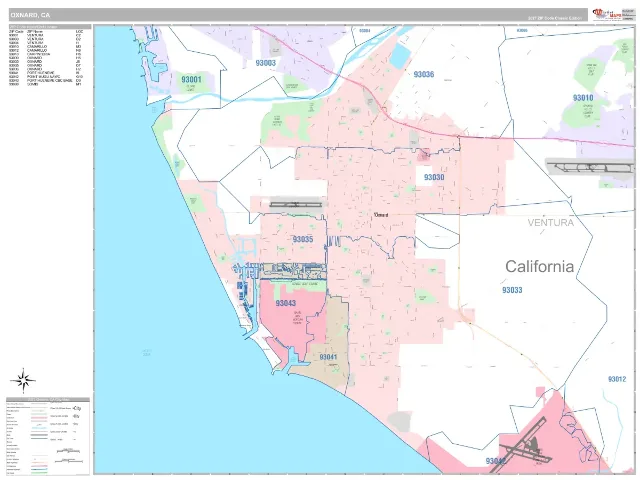 Oxnard, CA ZIP Code Wall Map, Classic style