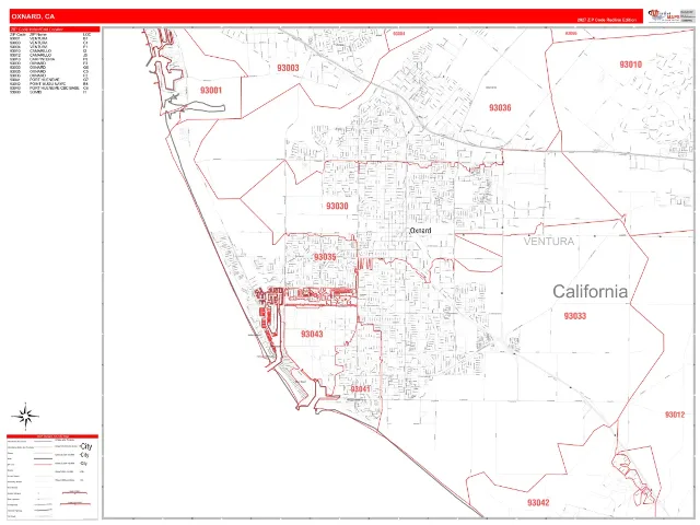 Oxnard, CA ZIP Code Wall Map, RedLine style