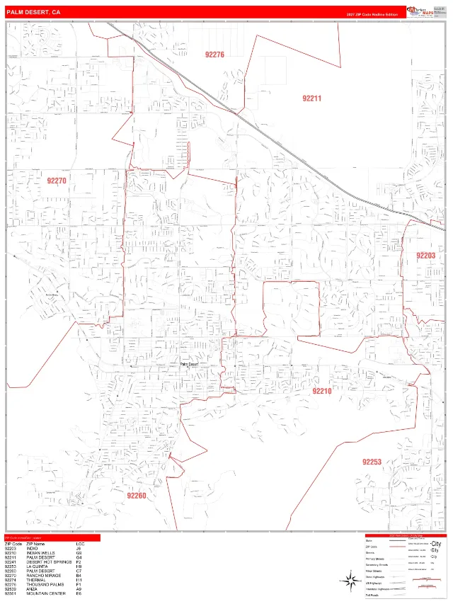 Palm Desert, CA ZIP Code Wall Map, RedLine style