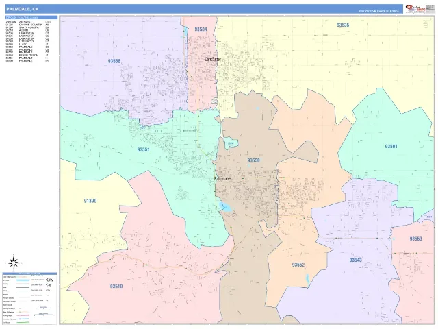 Palmdale, CA ZIP Code Wall Map, ColorCast style