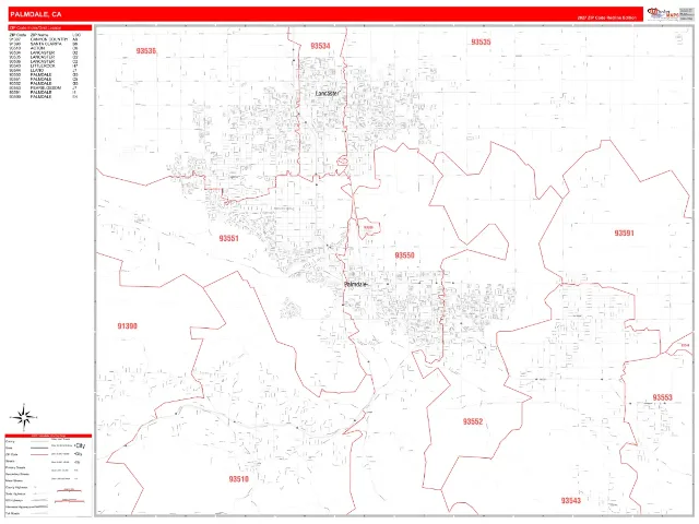 Palmdale, CA ZIP Code Wall Map, RedLine style