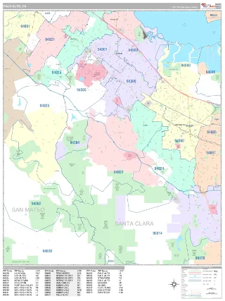 Palo Alto, CA Classic style ZIP Code wall map
