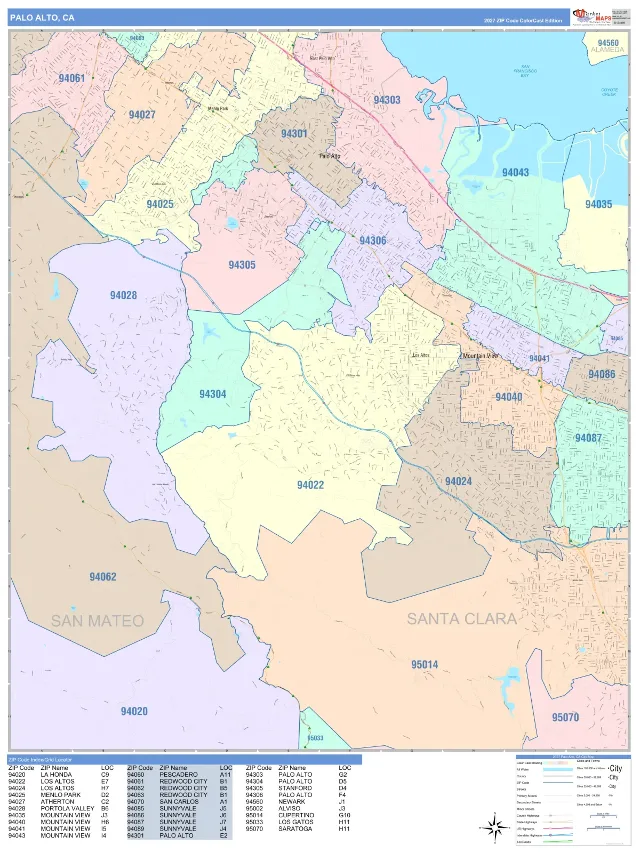 Palo Alto, CA ZIP Code Wall Map, ColorCast style