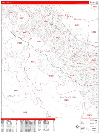 Palo Alto, CA RedLine style ZIP Code wall map
