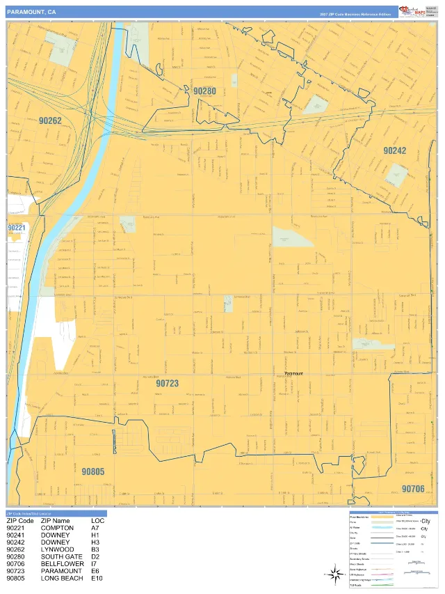 Paramount, CA ZIP Code Wall Map, Business Reference style