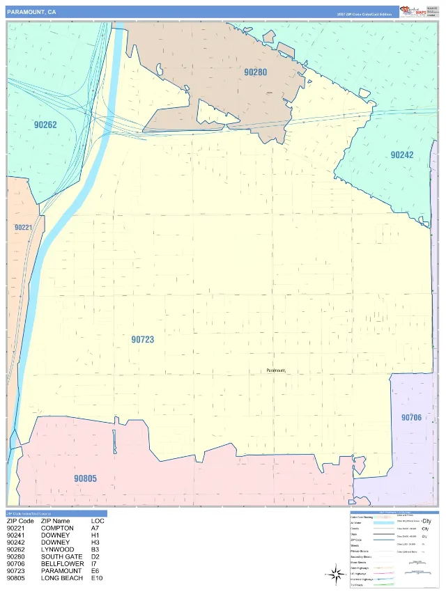 Paramount, CA ZIP Code Wall Map, ColorCast style