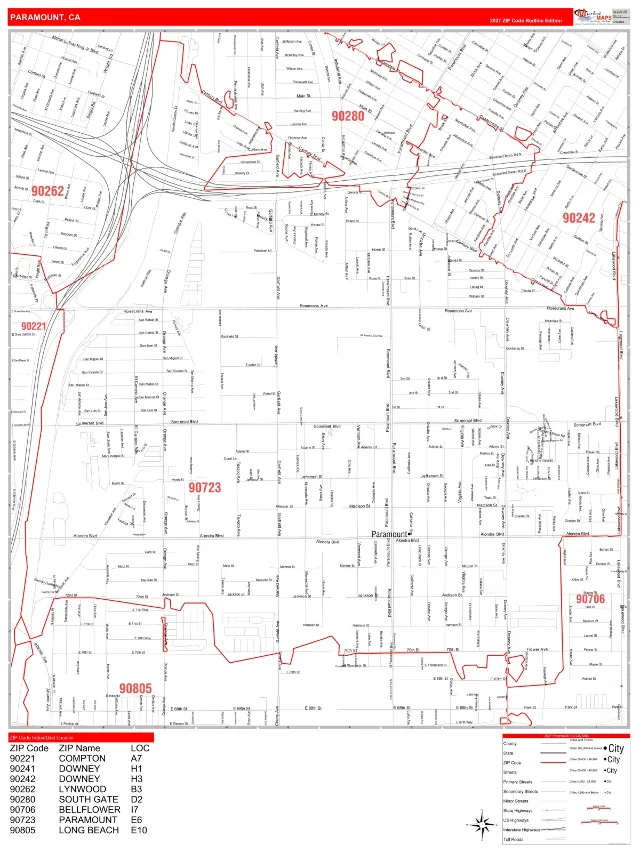 Paramount, CA ZIP Code Wall Map, RedLine style