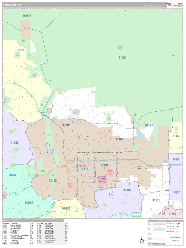 Pasadena, CA ZIP Code Wall Map, Classic style