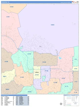 Pasadena, CA ColorCast style ZIP Code wall map