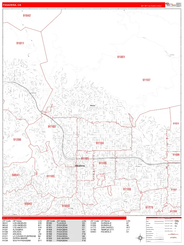 Pasadena, CA ZIP Code Wall Map, RedLine style