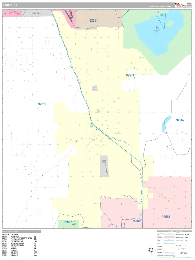 Perris, CA ZIP Code Wall Map, Classic style