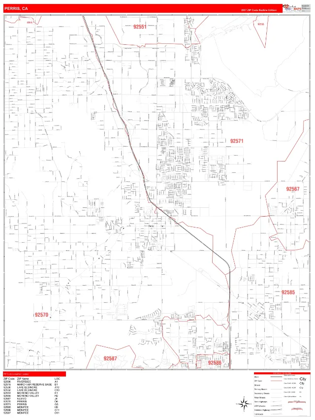Perris, CA ZIP Code Wall Map, RedLine style