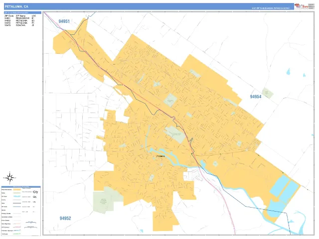 Petaluma, CA ZIP Code Wall Map, Business Reference style