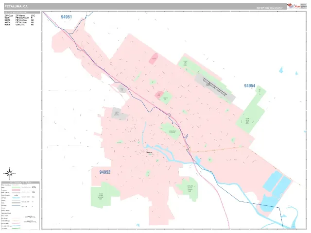 Petaluma, CA ZIP Code Wall Map, Classic style