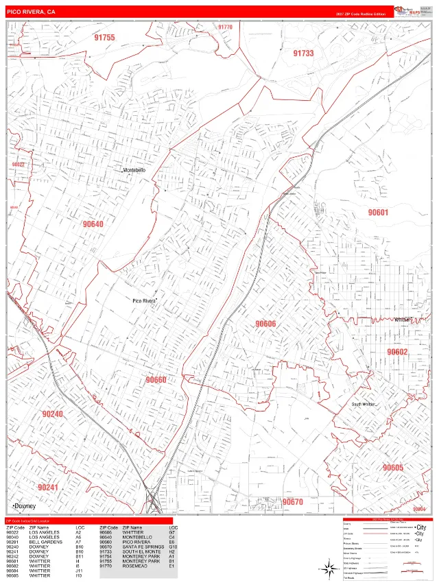 Pico Rivera, CA ZIP Code Wall Map, RedLine style
