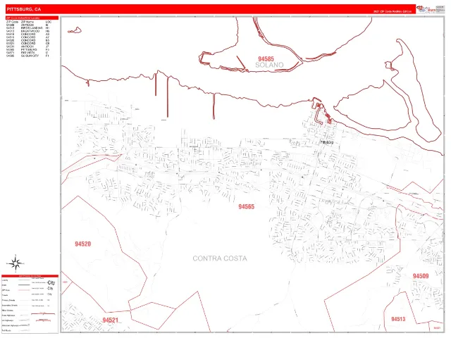 Pittsburg, CA ZIP Code Wall Map, RedLine style