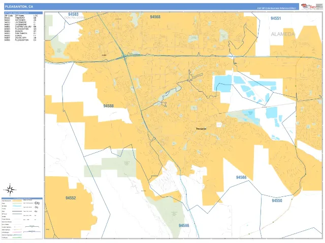 Pleasanton, CA ZIP Code Wall Map, Business Reference style