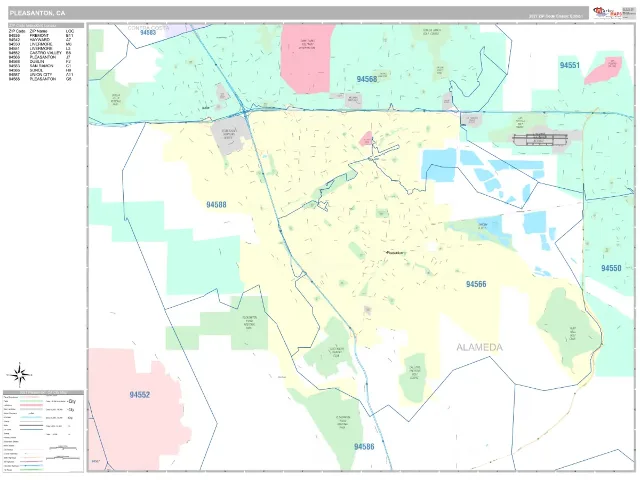 Pleasanton, CA ZIP Code Wall Map, Classic style